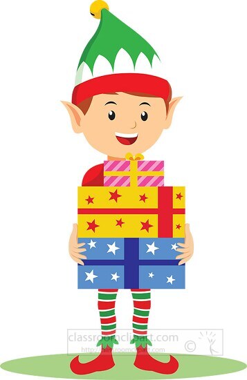 christmas elf holding gift boxes clipart