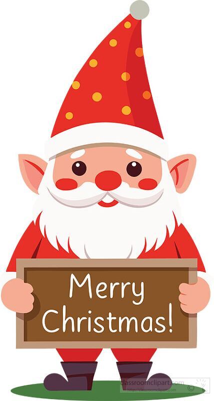 cartoon gnome dressed in red celebrating the Christmas season by holding a sign with Merry Christmas