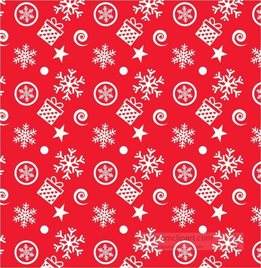 christmas pattern gifts snowflakes red background clipart