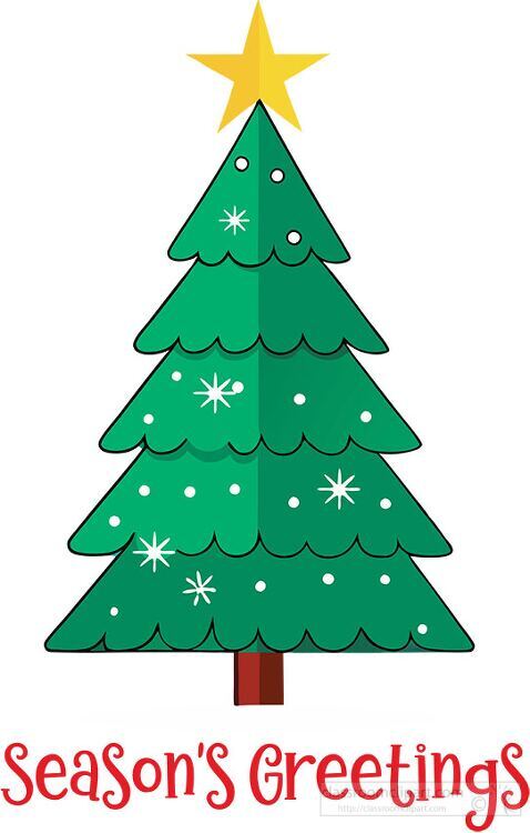 Christmas tree with a star on top decorated with text Seasons Greetings