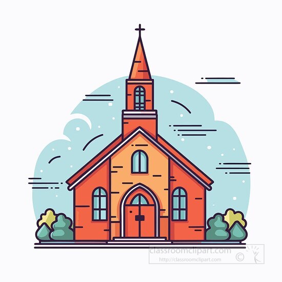 church building with steeple and trees vector illustration clip 