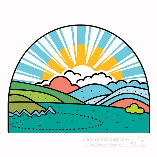 circular illustration featuring a bright sun with blue sky over 