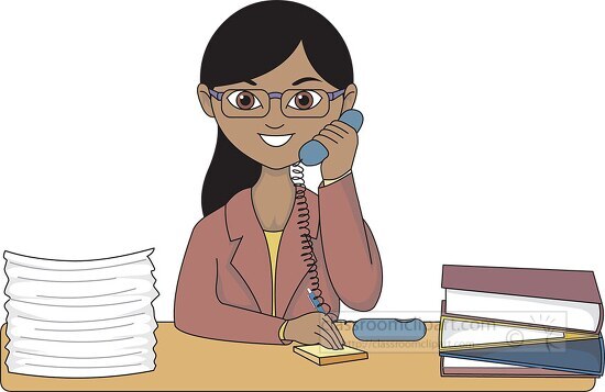clerk at counter with stacks paper clipart