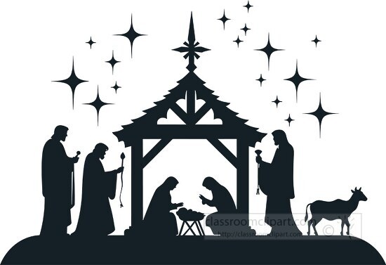 clipart featuring the classic silhouette of a nativity scene