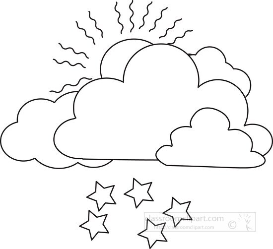 clouds with sun and stars sky clipart black outline