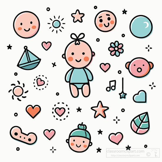 collection of baby related icons including a smiling baby