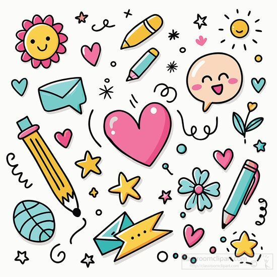 collection of doodles with a central pink heart and various creative elements clipart