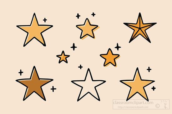 collection of gold stars with various shapes and sizes outlined in black clipart