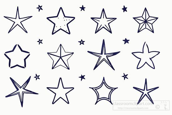 collection of hand drawn stars with varying styles and black lin