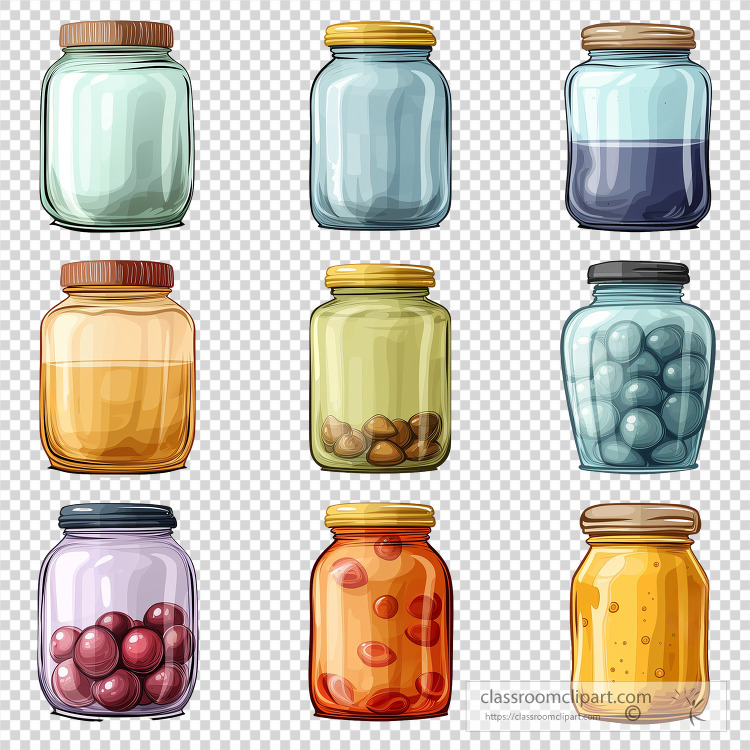 collection of jars each with different colored items inside