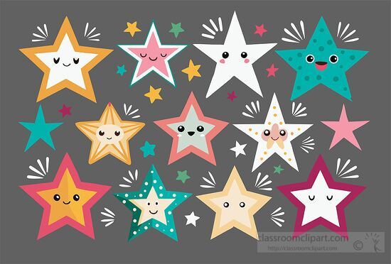collection of smiling stars with various facial expressions and 