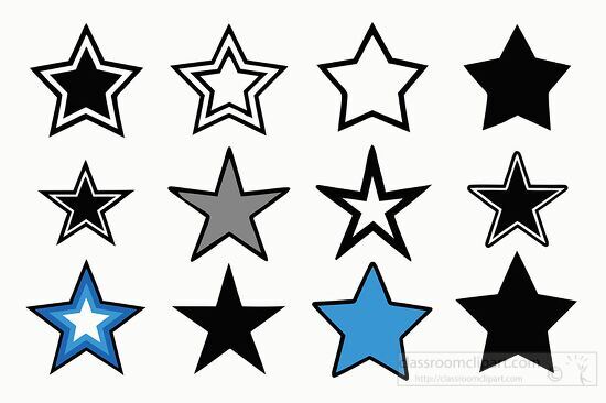 collection of stars in solid colors and outlines primarily in bl