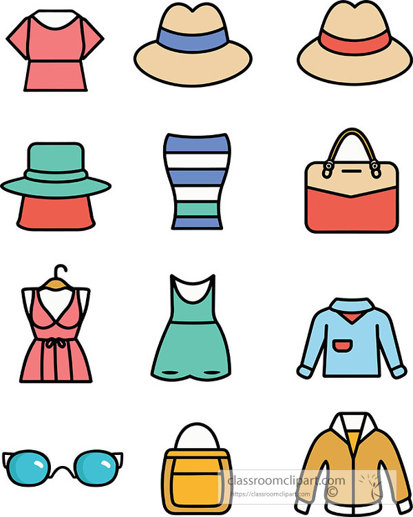 collection of summer fashion and clothing icons