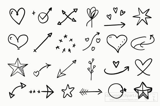 collection of whimsical doodles including arrows stars and heart