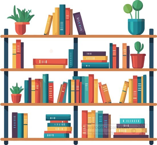 coloful books stacked in library shelves clip art