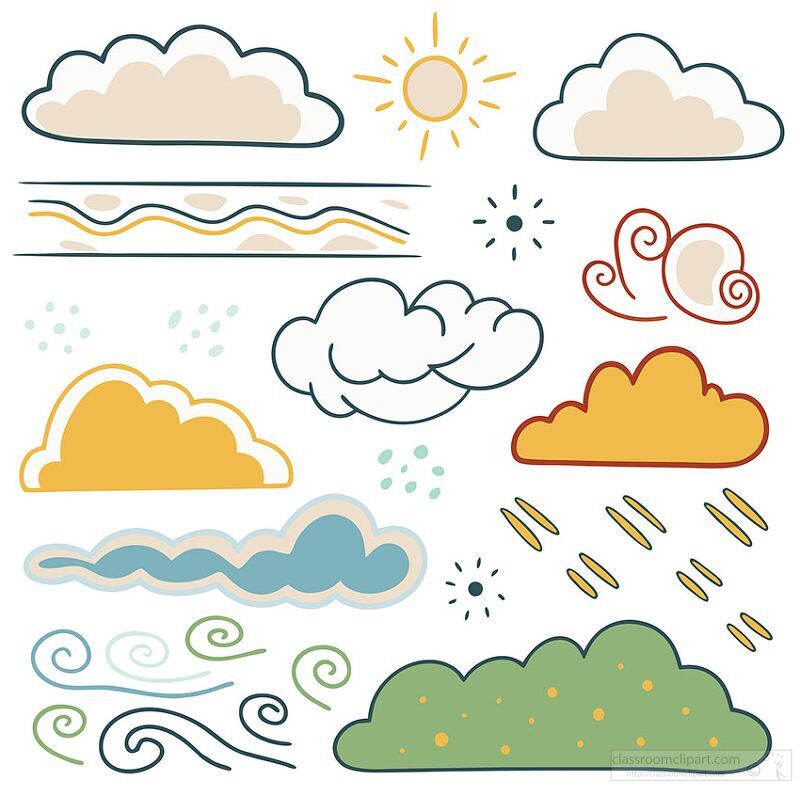 Various playful cloud illustrations showcase unique shapes and vibrant colors, capturing the essence of sunny skies and gentle breezes. Perfect for adding charm to any artistic endeavor.