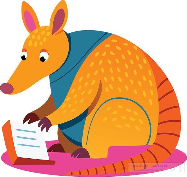 colorful armadillo with a blue vest reads a book on a pink mat