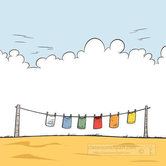 Colorful clothes hang on a line against a backdrop of blue sky a