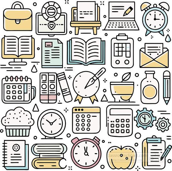 colorful collection of school books clocks calculators and binde