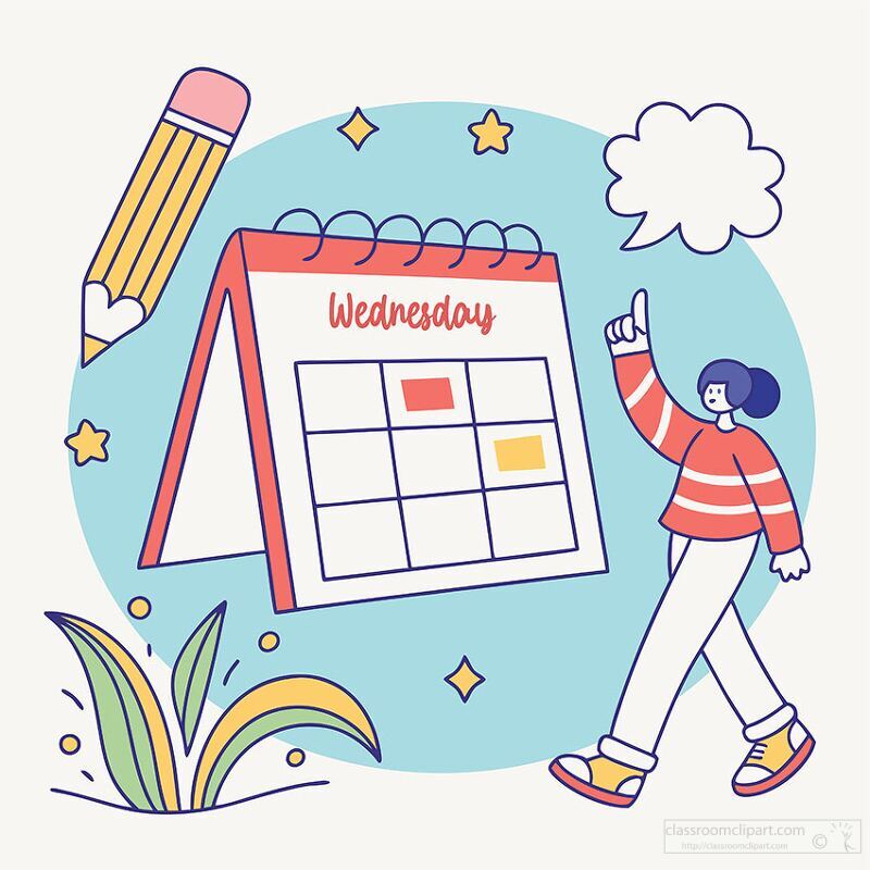 Colorful design with a person pointing to a Wednesday calendar s