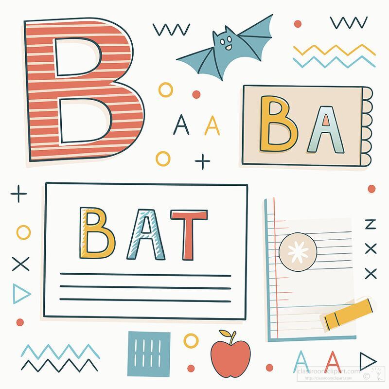 Colorful Educational Illustration of the Letter B and Bat