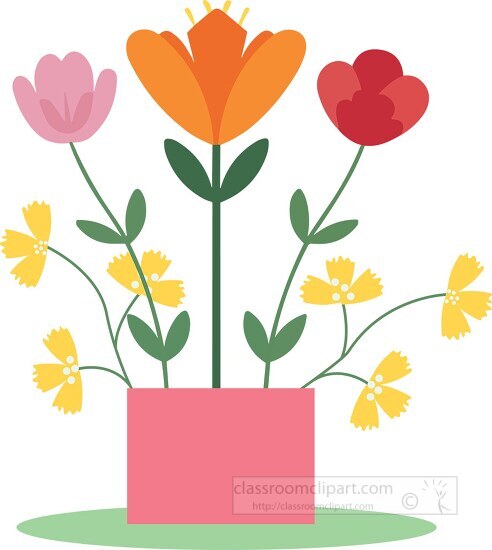 colorful flowers in a square pink planter