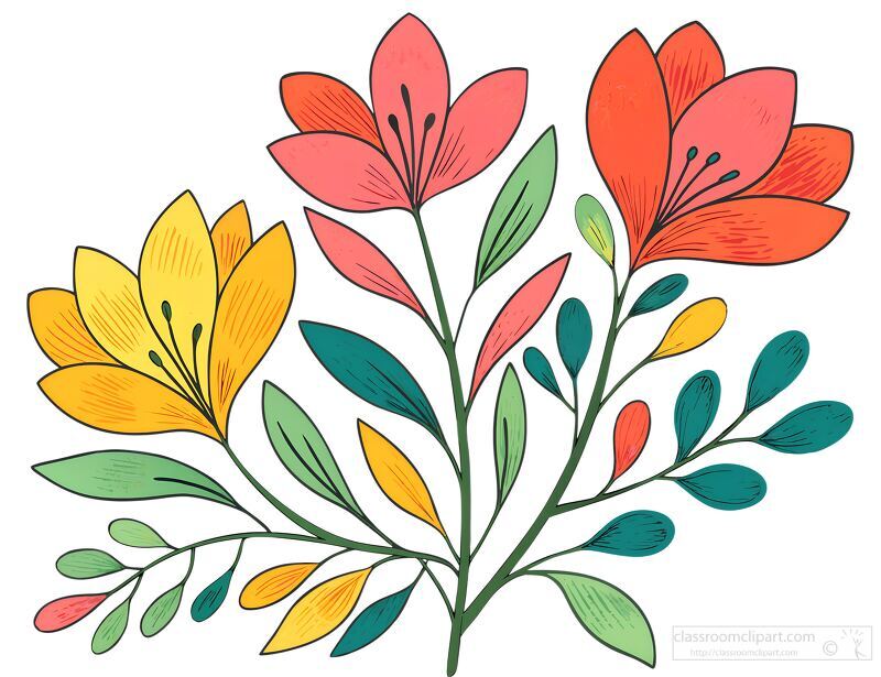 Hand-drawn colorful floral bouquet with red, orange, and yellow blossoms and green leaves