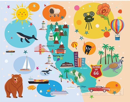colorful illustrated california state map with icons landmarks c