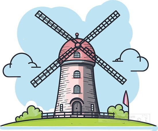colorful illustration of a traditional windmill against a sky ba