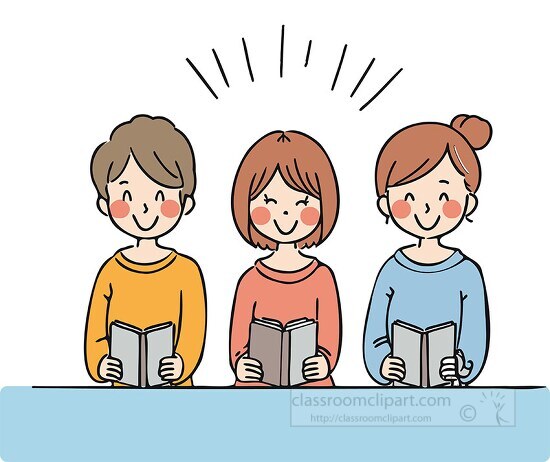 colorful illustration of three friends reading and learning