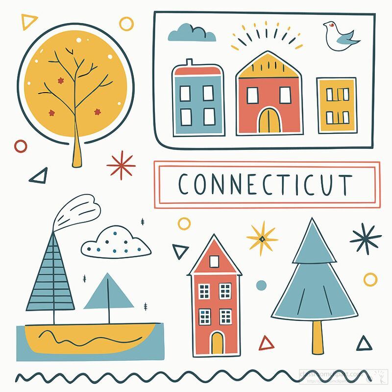 A vibrant composition showcases the essence of Connecticut with playful drawings. Featuring quaint houses, charming trees, and whimsical boats on water, the artwork embodies the region