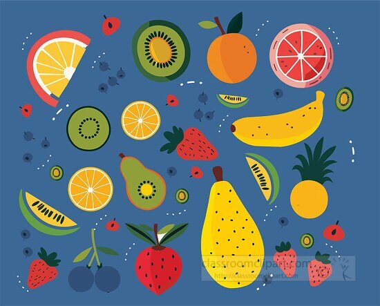 colorful mixture of different fruits flat design with blue backg