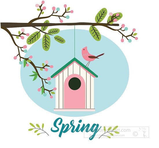 colorful spring scene with a birdhouse blossoms and a bird on a 