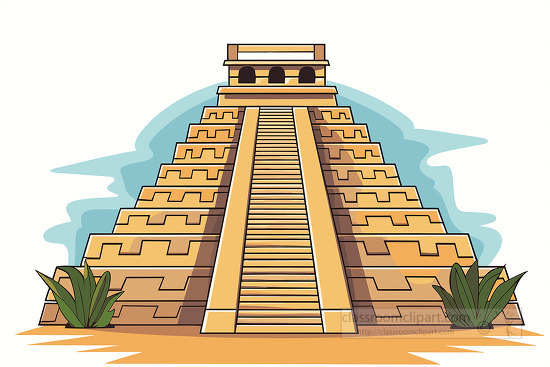colorful vector illustration of an aztec pyramid with a blue sky