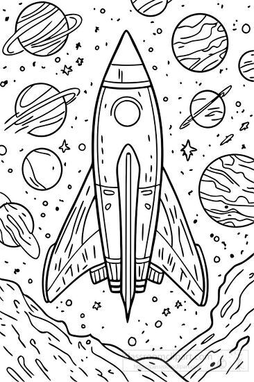 coloring page featuring a rocket ship soaring through outer spac