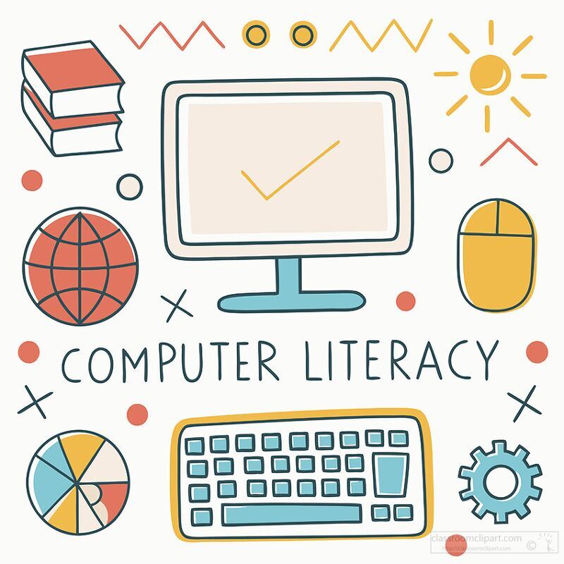 Illustration of computer literacy concepts with a monitor, keyboard, and various application icons