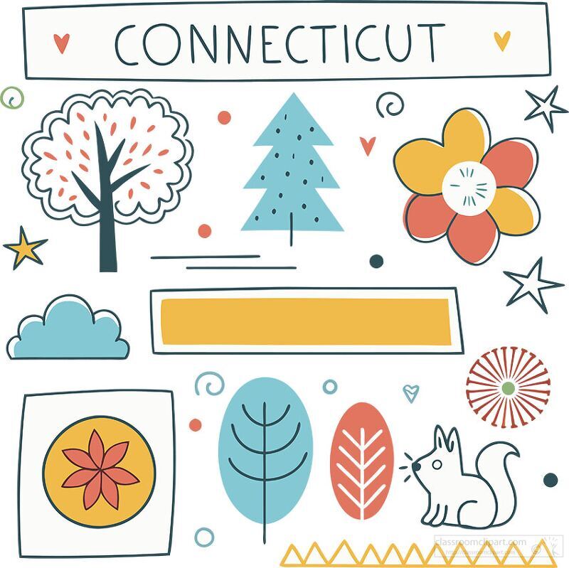 Colorful hand drawn Connecticut themed artwork featuring trees flowers and animals. Ideal for travel, summer, and Florida projects