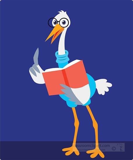 crane animal character reading book clipart