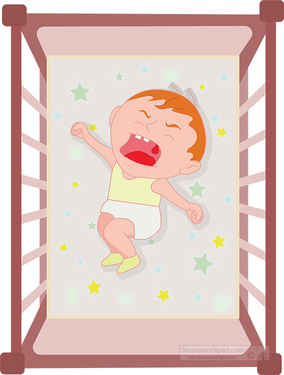 crying baby laying on back in a crib clipart