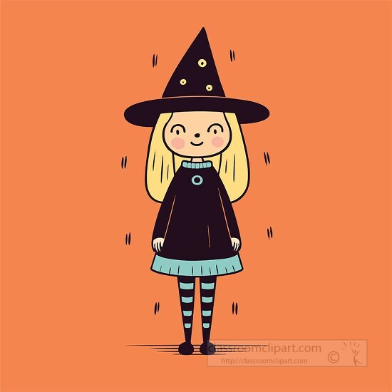 csimple line drawing cartoon of a girl wearings a witch costume