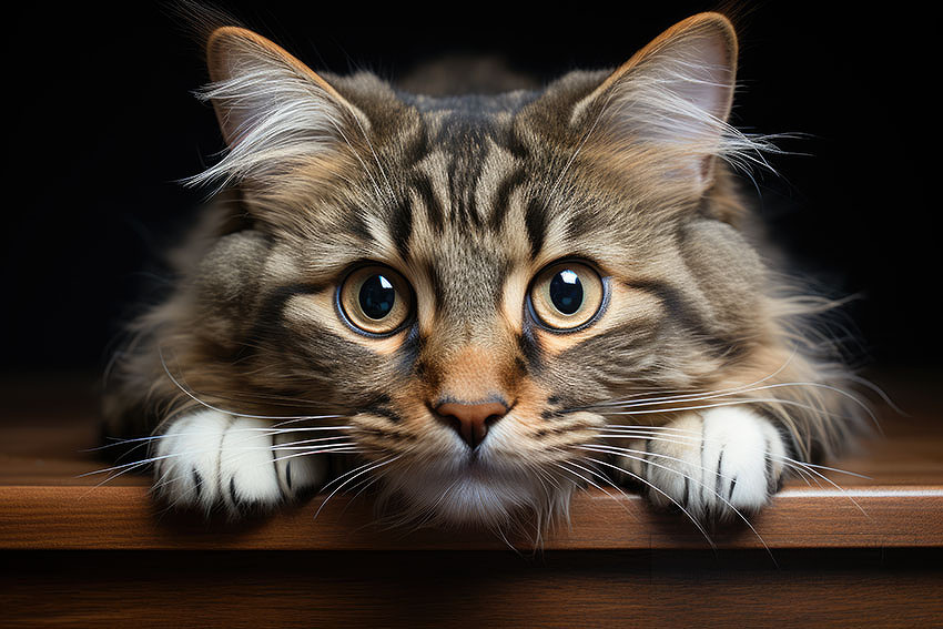 curious cat curiously peeking over the edge of a wooden table