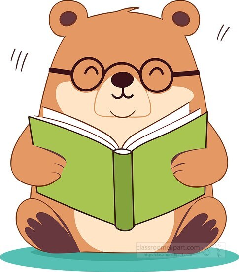 cute and happy bear wears glasses while reading a book
