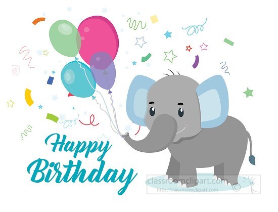 cute baby elephant clipart holding balloons with happy birthday 