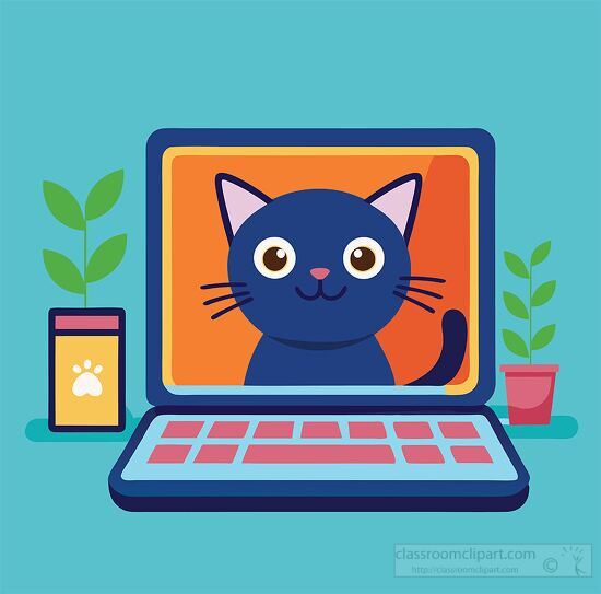 cute black cat is displayed on a laptop screen