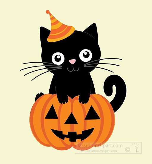 cute black cat wears a halloween hat as it sits in a pumpkin