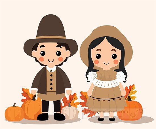 cute boy and girl pilgrims celebrating thanksgiving clipart