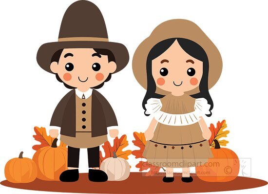 cute boy and girl pilgrims standing with thanksgiving pumpkins c