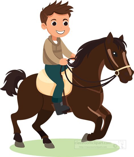 cute boy riding a horse front legs rise up