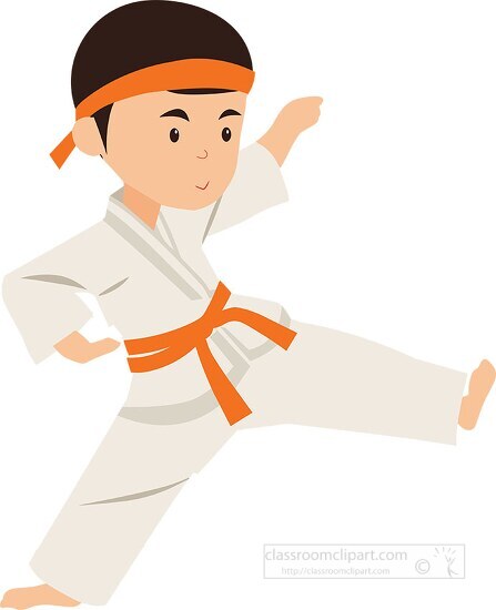 cute boy wearing a headband practices karate pose