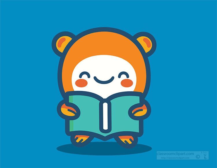 cute cartoon character happily reading a book